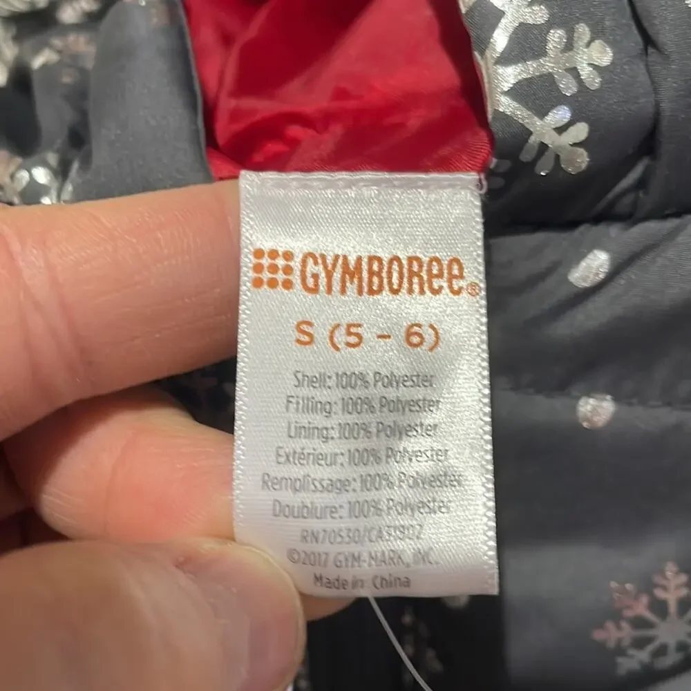 Gymboree S 5/6 grey silver snowflakes front zip hooded puffer nwt pockets